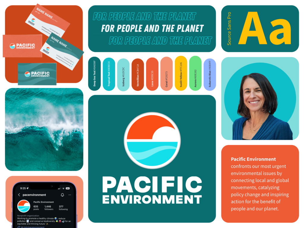 Colorful graphic showing new brand colors, a new logo and other elements of Pacific Environment's new branding. 